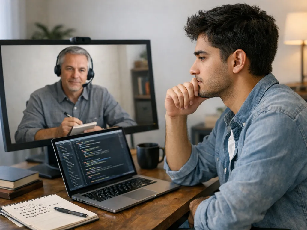 Young developer practicing with AI Interview Assistant habits before a technical interview