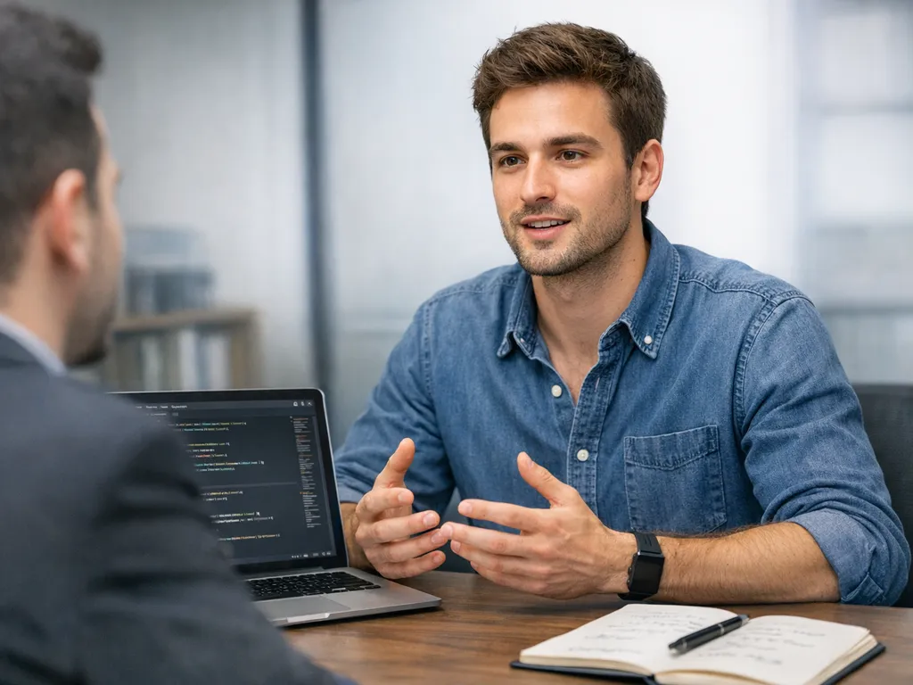 Candidate practicing tell me about yourself with AI Interview Assistant support in a developer interview