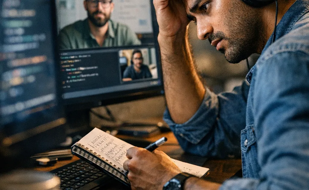 Fresh graduate preparing for a job interview with an AI Interview Assistant on screen